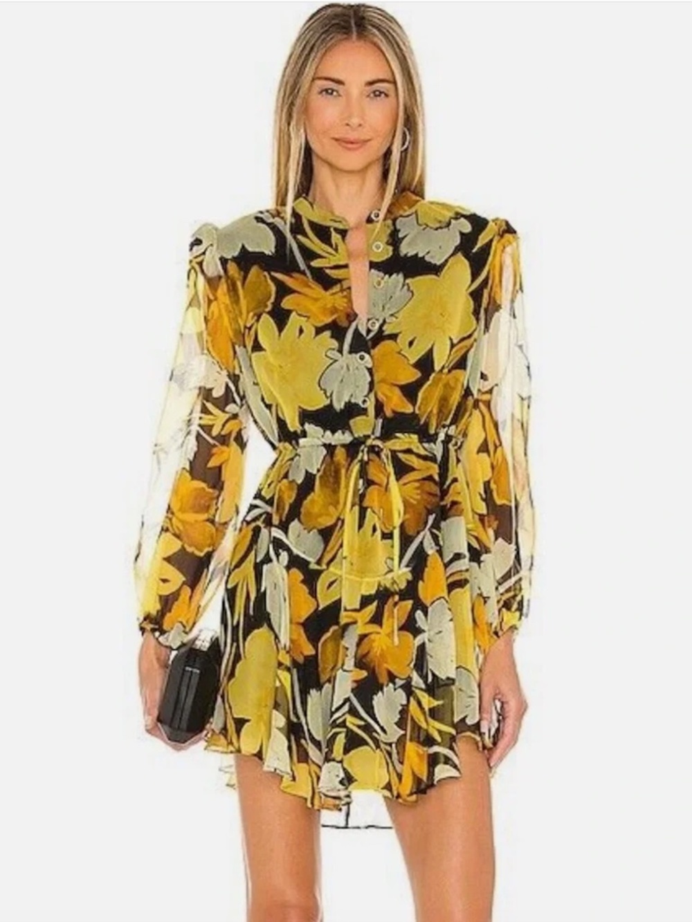 MILLY Reina Floral Black & Yellow Paper Peony Dress SZ 8